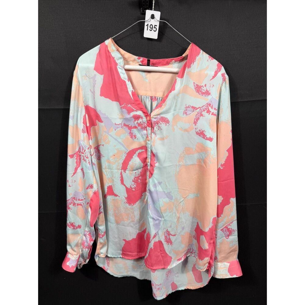 (L) - Daisy Fuentes Women's Multicolor Abstract Floral Long Sleeve Blouse